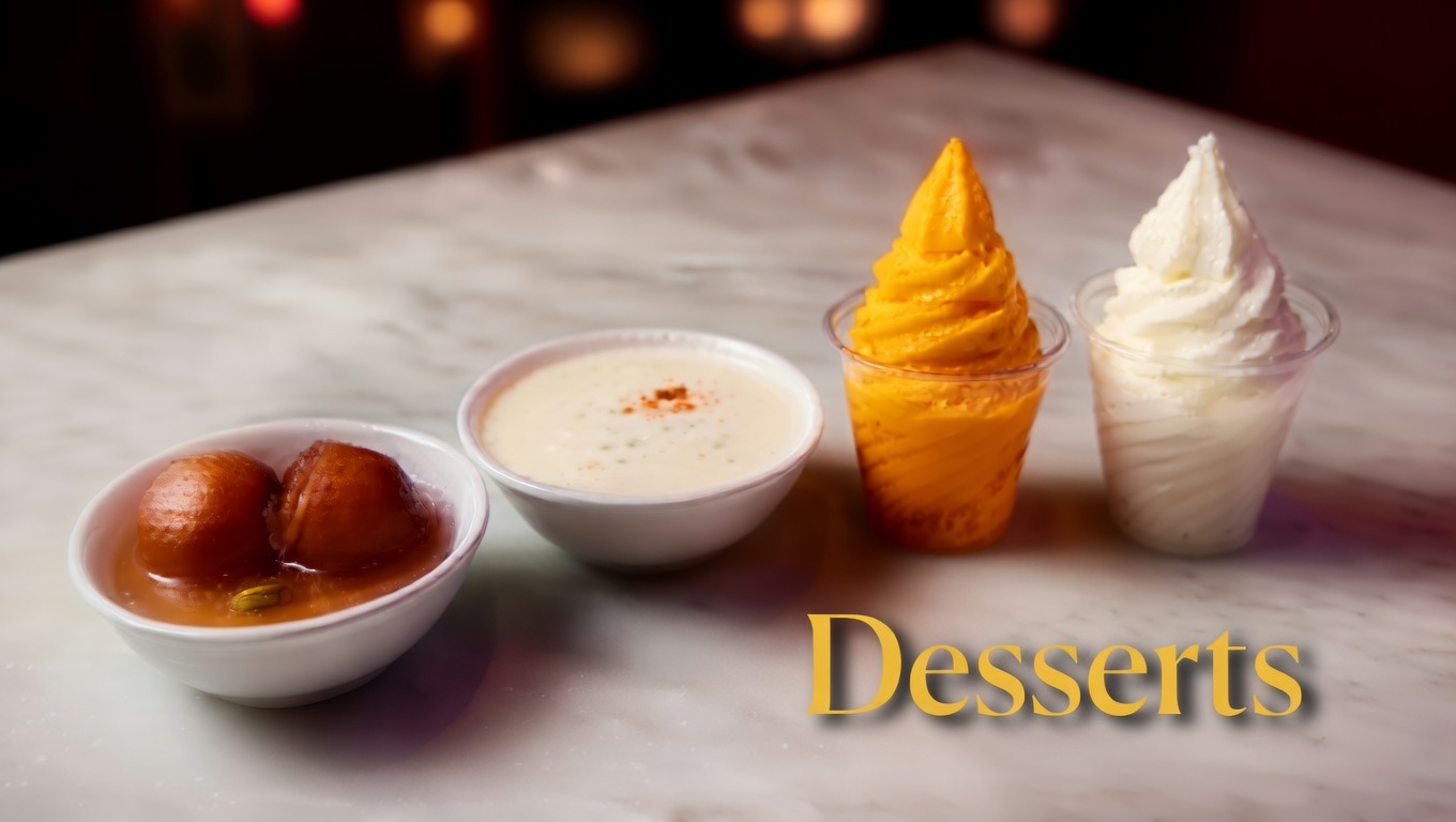 Close-up appealing layout of desserts on rectangular white marble table (no front edge visible): bowls with gulab jamun and kheer, clear cups with mango and vanilla soft serve, with 'Desserts' title overlay using the exact same font, golden color, style, and dark shadow as the 'Masala Chai Tea' overlay from the reference image, slightly larger font size, positioned further towards the right at the bottom
