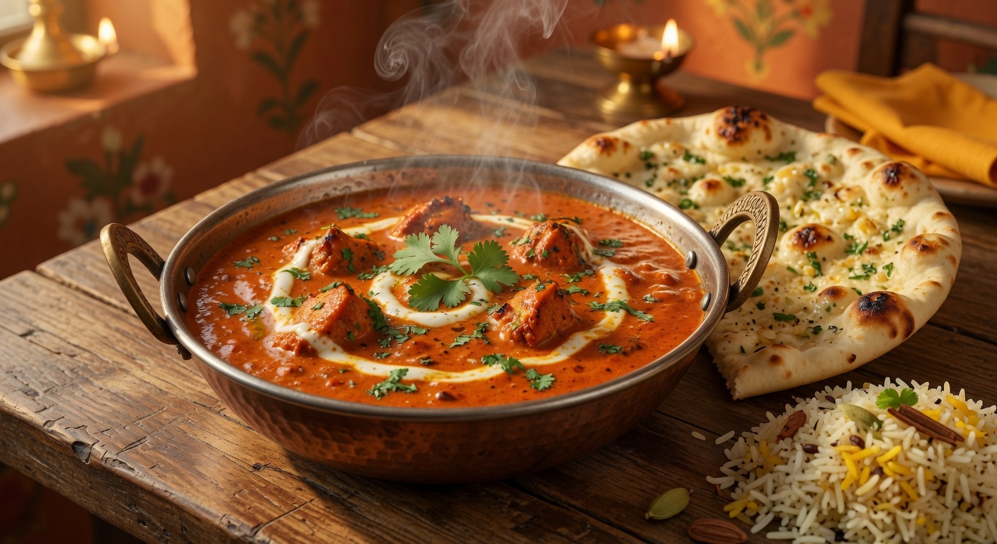 Our legendary Butter Chicken in a traditional copper bowl, rich and creamy with fresh cilantro garnish